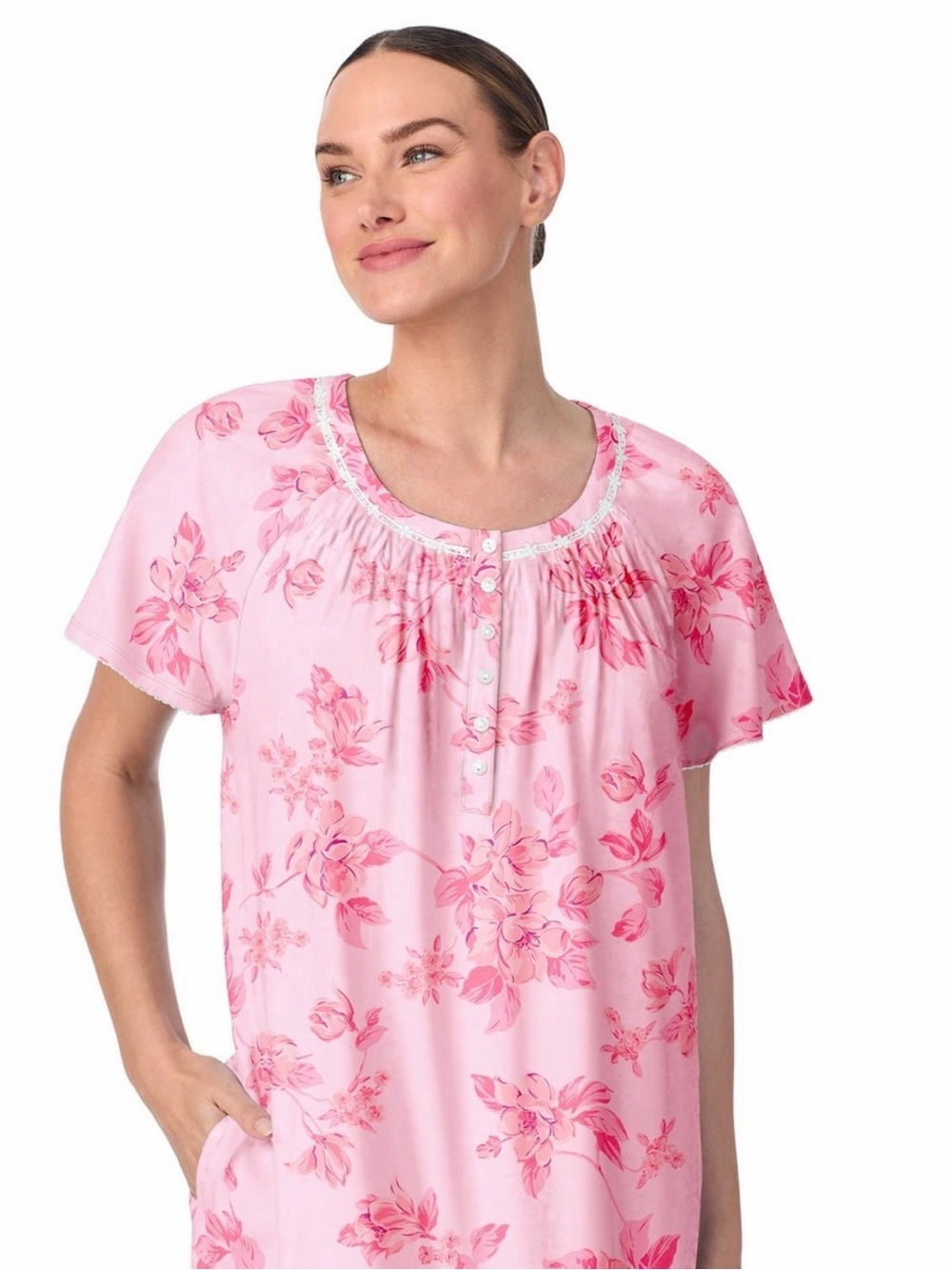 Aria Pink Floral Short-Sleeve Nightgown with Pockets XL